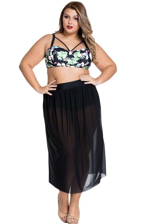 *DIVA RANGE* Plus Size Boho Tropical High Waist Bikini with Skirt