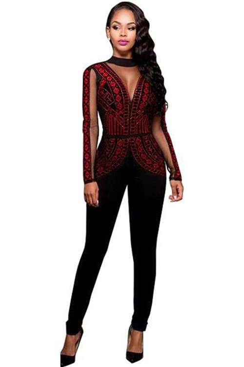 *DIVA RANGE* Black Red Steampunk Studded Pattern Mesh Insert Jumpsuit
