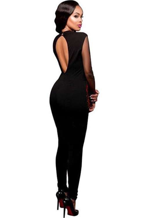 *DIVA RANGE* Black Red Steampunk Studded Pattern Mesh Insert Jumpsuit