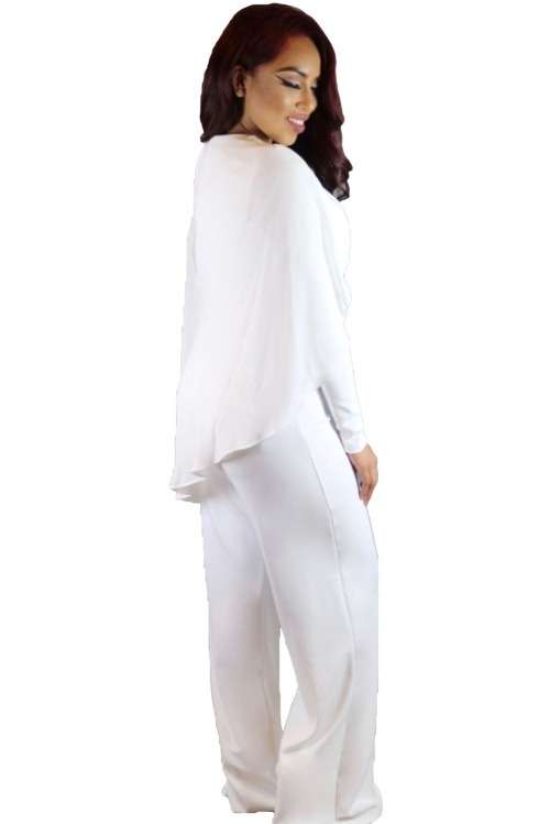 *WILD ROSE* White Cape Long Sleeves Wide Leg Jumpsuit - S/M/L