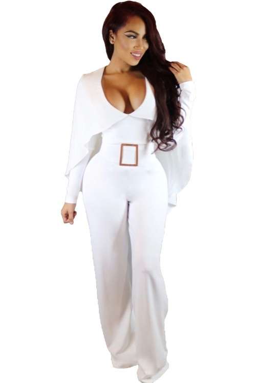 *WILD ROSE* White Cape Long Sleeves Wide Leg Jumpsuit - S/M/L
