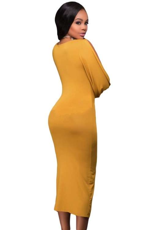 *DIVA RANGE* Mustard Deep V Neck Ruched Bodice Slit Sleeves Midi Dress