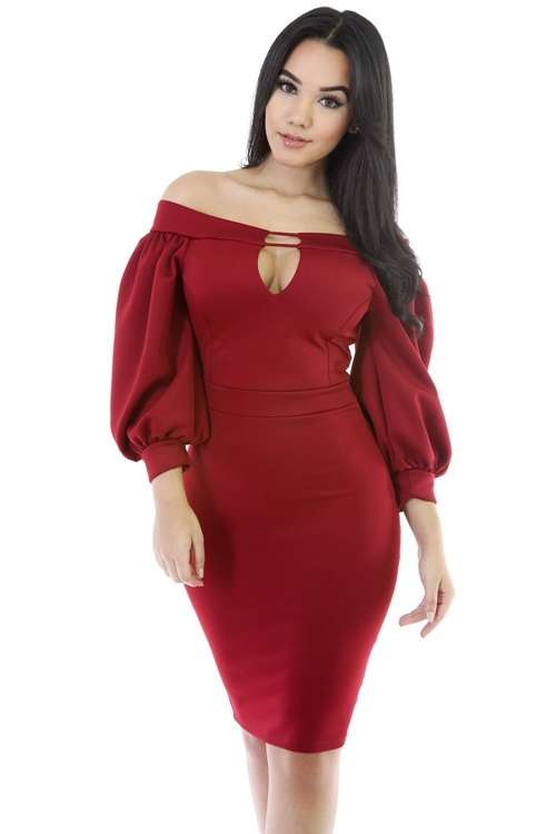 *WILD ROSE* Red Peep Hole Off Shoulder Midi Bodycon Dress - S/M/L
