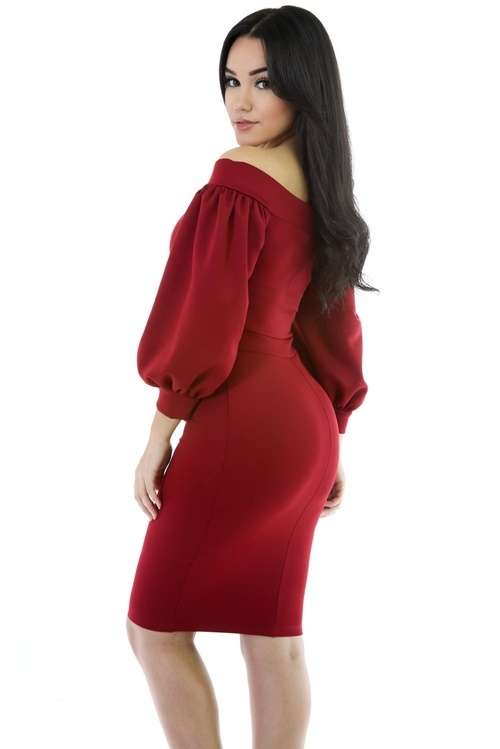 *WILD ROSE* Red Peep Hole Off Shoulder Midi Bodycon Dress - S/M/L