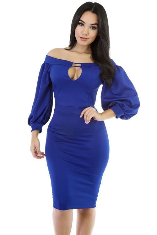 *DIVA RANGE* Blue Peep Hole Off Shoulder Midi Bodycon Dress - S/M/L