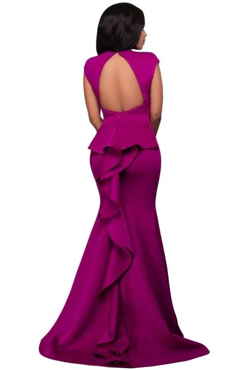 *DIVA RANGE* Rose Pink High Neck Ruffle Back Ponti Gown