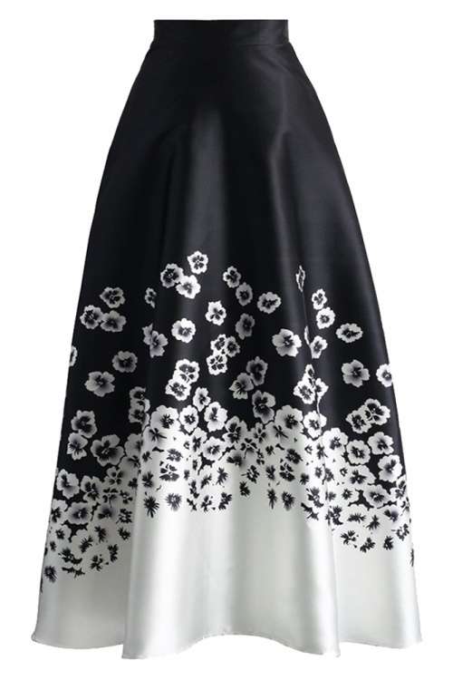*WILD ROSE* Monochrome Floral Print High Waist Maxi Skirt - S/M/L