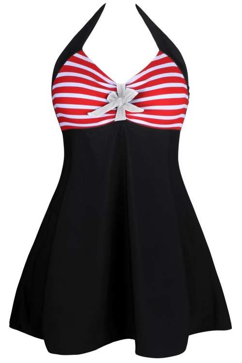 *DIVA RANGE* Red White Stripes and Bow Black One-piece Swimdress
