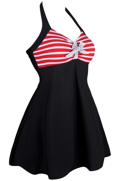 *DIVA RANGE* Red White Stripes and Bow Black One-piece Swimdress