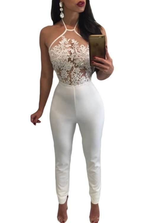 *DIVA RANGE* White Sheer Lace Top Halter Party jumpsuit