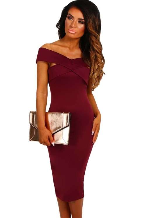 *BIG CLEARANCE!* *LOCAL STOCK* Wine Off Shoulder Slim Fit Midi Dress - MEDIUM