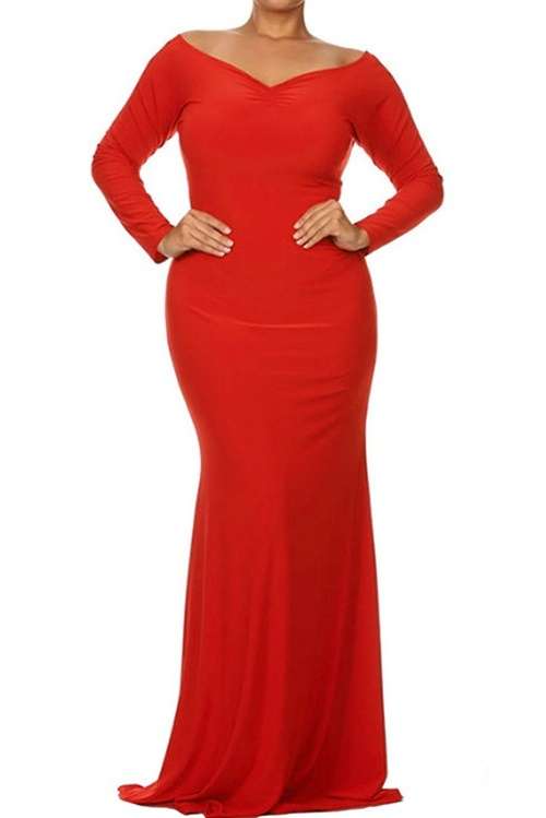 *DIVA RANGE* Red Off-shoulder V Neck Long Sleeve Plus Long Dress