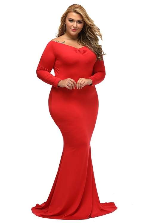 *DIVA RANGE* Red Off-shoulder V Neck Long Sleeve Plus Long Dress