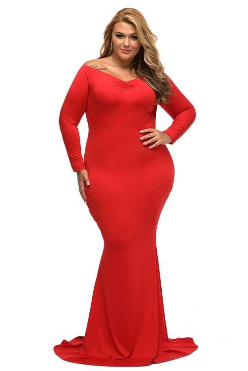 *DIVA RANGE* Red Off-shoulder V Neck Long Sleeve Plus Long Dress