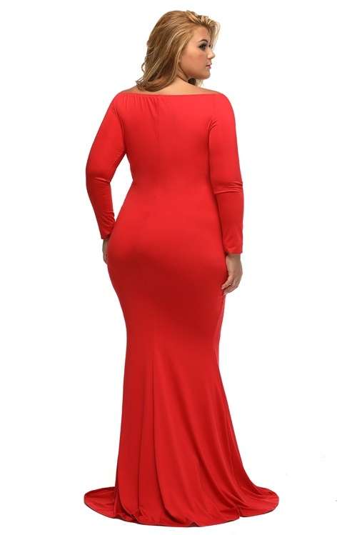 *DIVA RANGE* Red Off-shoulder V Neck Long Sleeve Plus Long Dress
