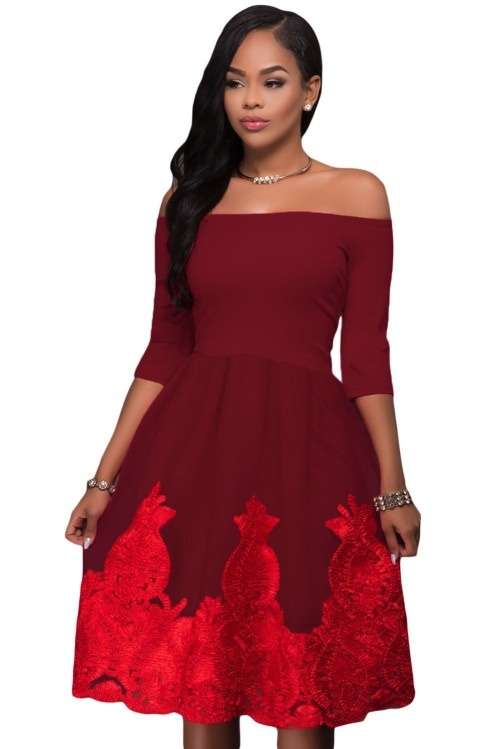 *WILD ROSE* Burgundy Lacy Embroidery Tulle Skirt Skater Dress - S/M/L