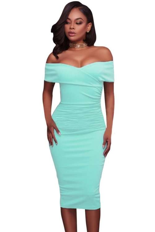 *WILD ROSE* Cyan Ruched Off Shoulder Bodycon Midi Dress - S/M/L/XL