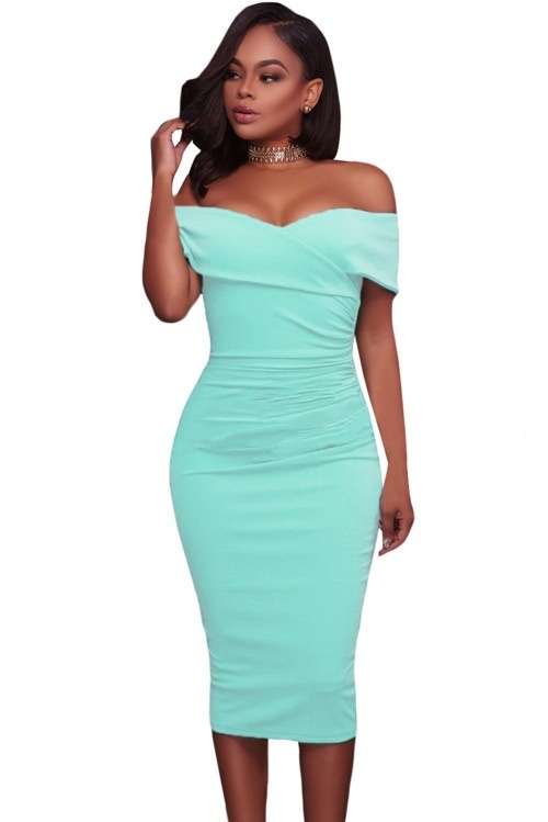 *WILD ROSE* Cyan Ruched Off Shoulder Bodycon Midi Dress - S/M/L/XL