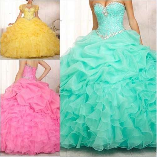 *VOGUE COLLECTION* NEW! GREEN / PINK / YELLOW RUFFLE BALLGOWN EVENING DRESS - SET SIZES