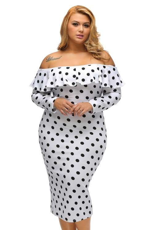 *DIVA RANGE* White Polka Dot Ruffle Off-shoulder Neckline Long Sleeves Dress