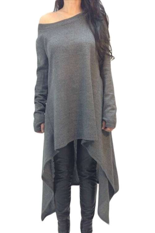 *DIVA RANGE* Grey Asymmetric Hemline Long Sleeve Oversize Sweater - S/M/L