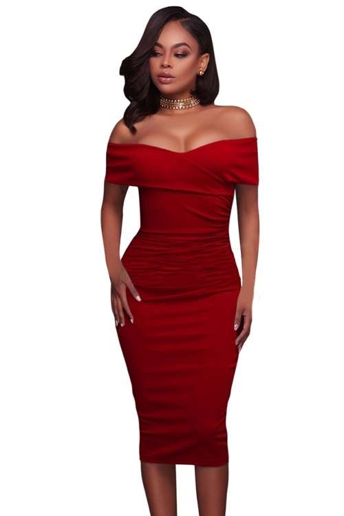 *DIVA RANGE* Red Ruched Off Shoulder Bodycon Midi Dress - S/M/L/XL