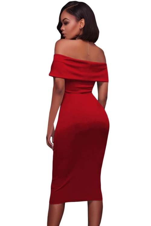 *DIVA RANGE* Red Ruched Off Shoulder Bodycon Midi Dress - S/M/L/XL