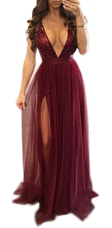 *WILD ROSE* Sexy Wine Red Sequin Low Cut Double Slit Evening Dress - S/M/L/XL