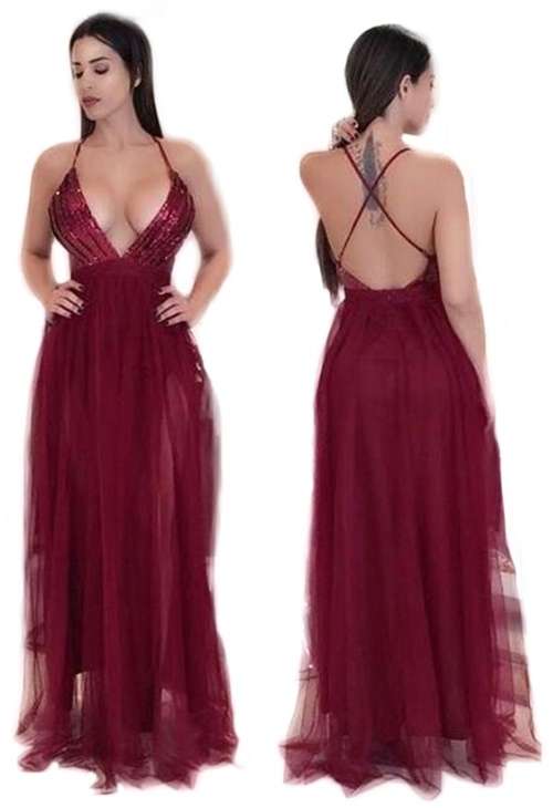 *WILD ROSE* Sexy Wine Red Sequin Low Cut Double Slit Evening Dress - S/M/L/XL