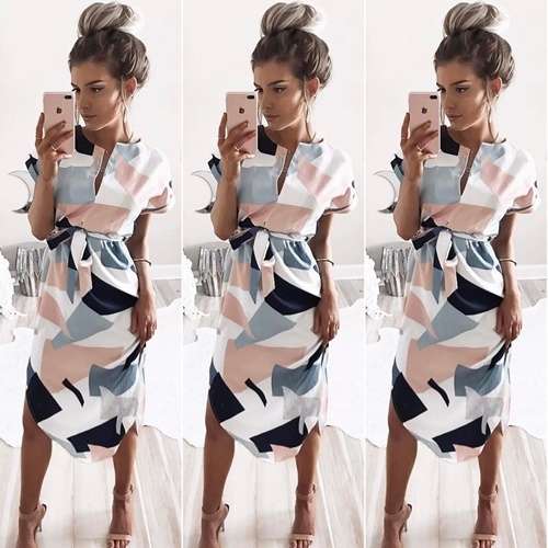 *LOCAL STOCK* Clearance! Casual Geometry Print Midi Dress with Belt - MEDIUM