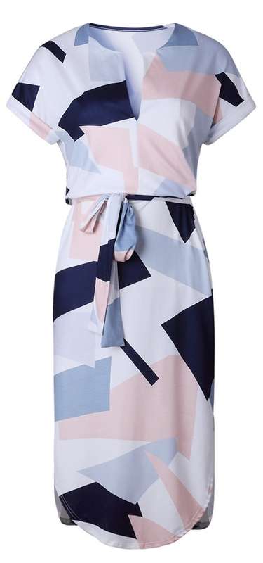 *LOCAL STOCK* Clearance! Casual Geometry Print Midi Dress with Belt - MEDIUM