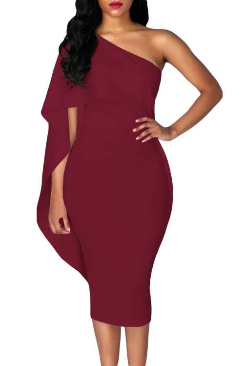 *WILD ROSE* Burgundy Batwing Sleeve One Shoulder Sheath Dress - S/M/L/XL