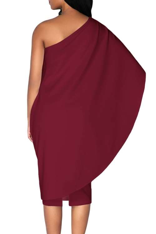 *WILD ROSE* Burgundy Batwing Sleeve One Shoulder Sheath Dress - S/M/L/XL