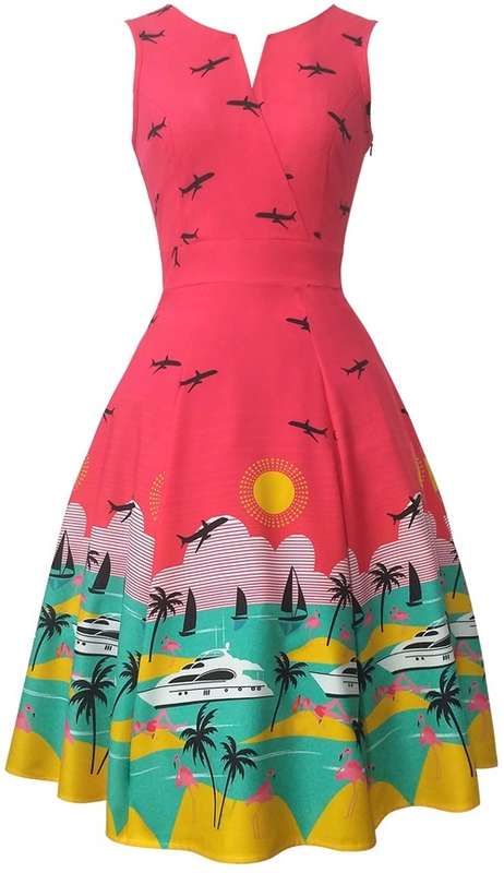 *LOCAL STOCK* Colourful 1950s Vintage Holiday Print Skater Dress - LARGE