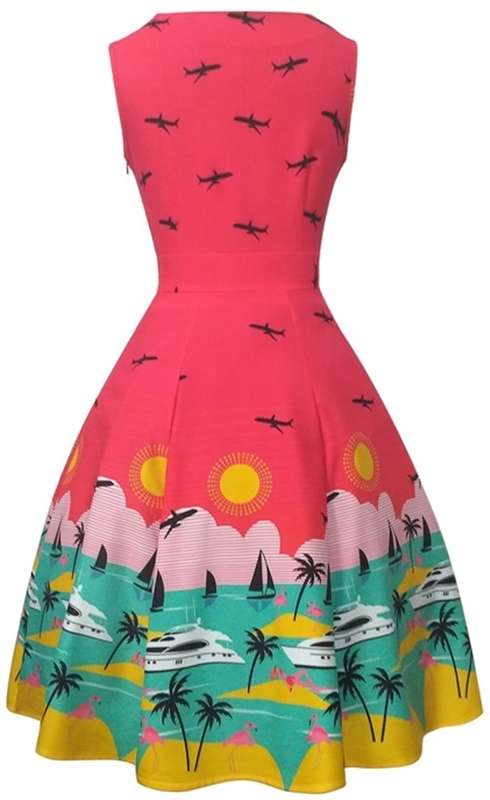 *LOCAL STOCK* Colourful 1950s Vintage Holiday Print Skater Dress - LARGE