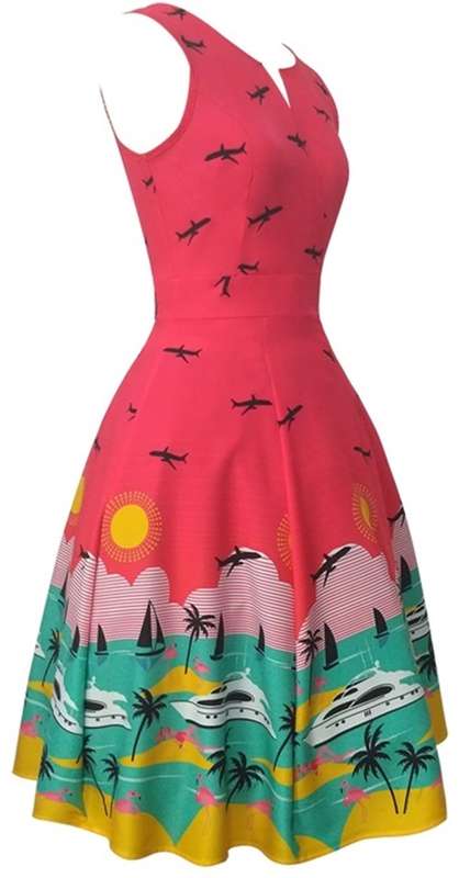 *LOCAL STOCK* Colourful 1950s Vintage Holiday Print Skater Dress - LARGE