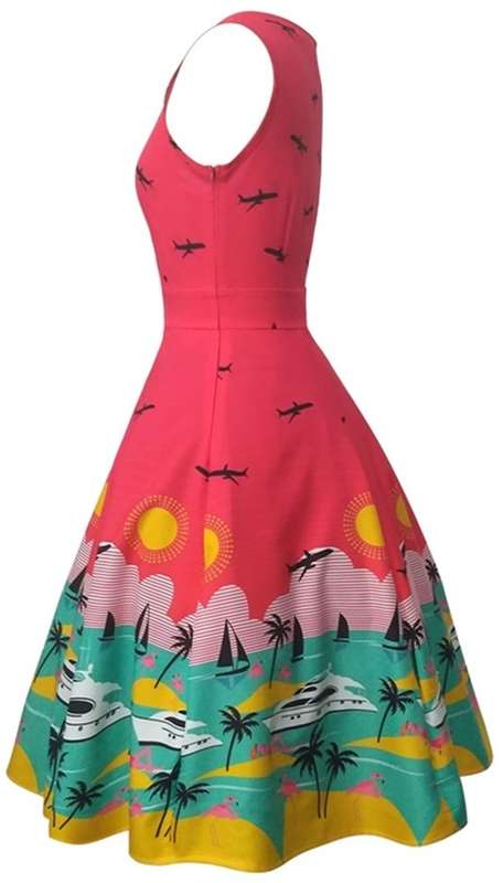 *LOCAL STOCK* Colourful 1950s Vintage Holiday Print Skater Dress - LARGE
