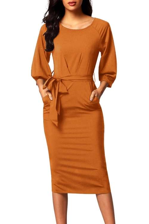 *LOCAL STOCK* Mustard Puff Sleeve Belt Chiffon Pencil Dress - XL