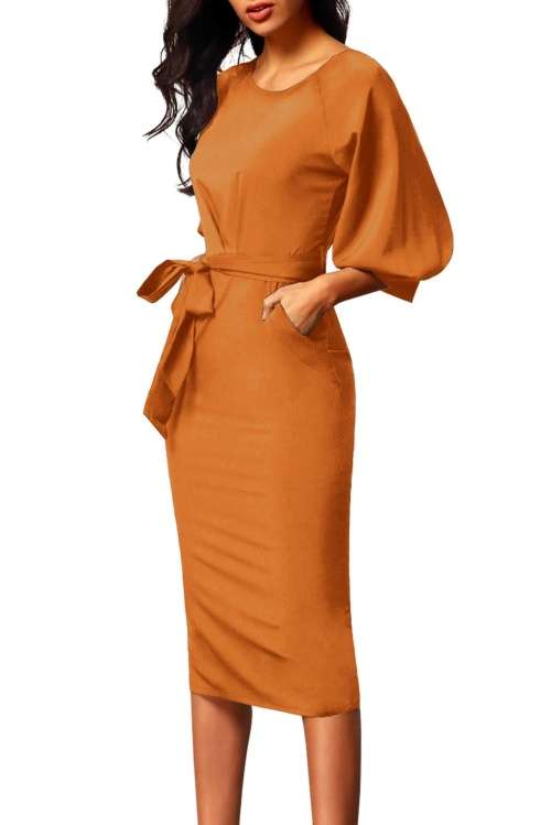*LOCAL STOCK* Mustard Puff Sleeve Belt Chiffon Pencil Dress - XL