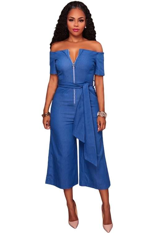 *WILD ROSE* Blue Denim Off Shoulder Wide Leg Jumpsuit - S/M/L