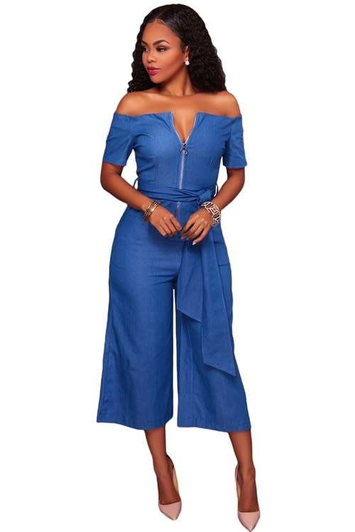 *WILD ROSE* Blue Denim Off Shoulder Wide Leg Jumpsuit - S/M/L