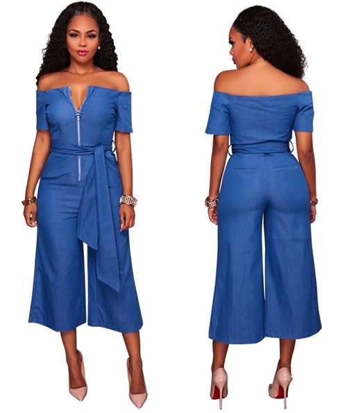 *WILD ROSE* Blue Denim Off Shoulder Wide Leg Jumpsuit - S/M/L