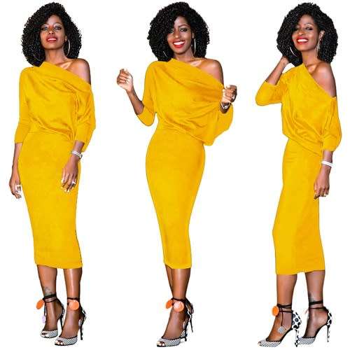 *WILD ROSE* Yellow 3/4 Sleeves One Shoulder Midi Dress - S/M/L/XL/2XL