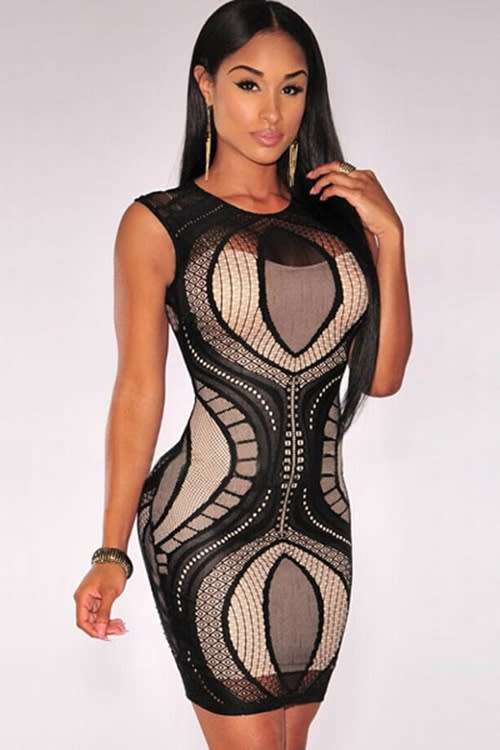 *WILD ROSE* Black Optical Lace Nude Illusion Sleeveless Bodycon Dress - S/M/L