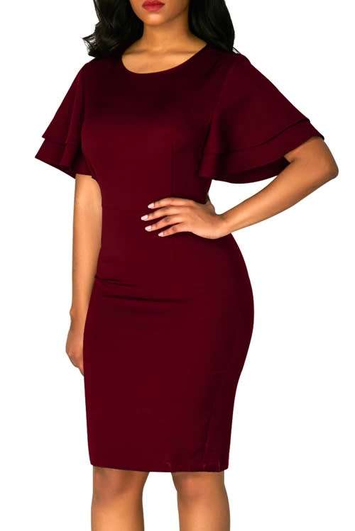 *WILD ROSE* Burgundy Flare Sleeve Back Slit Sheath Dress - S/M/L/XL