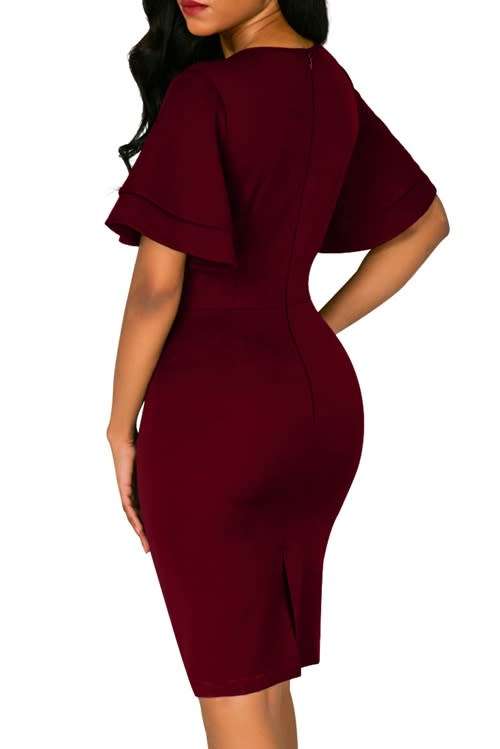 *WILD ROSE* Burgundy Flare Sleeve Back Slit Sheath Dress - S/M/L/XL