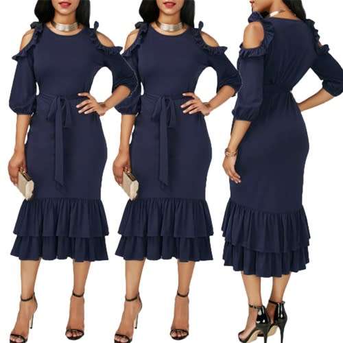 *WILD ROSE* Blue Formal Dress with with Cut-Out Shoulders and Ruffle Hem - M/L/XL/2XL