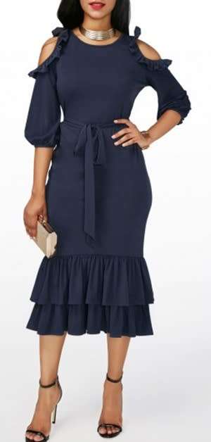 *WILD ROSE* Blue Formal Dress with with Cut-Out Shoulders and Ruffle Hem - M/L/XL/2XL