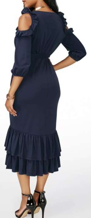*WILD ROSE* Blue Formal Dress with with Cut-Out Shoulders and Ruffle Hem - M/L/XL/2XL