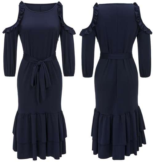 *WILD ROSE* Blue Formal Dress with with Cut-Out Shoulders and Ruffle Hem - M/L/XL/2XL